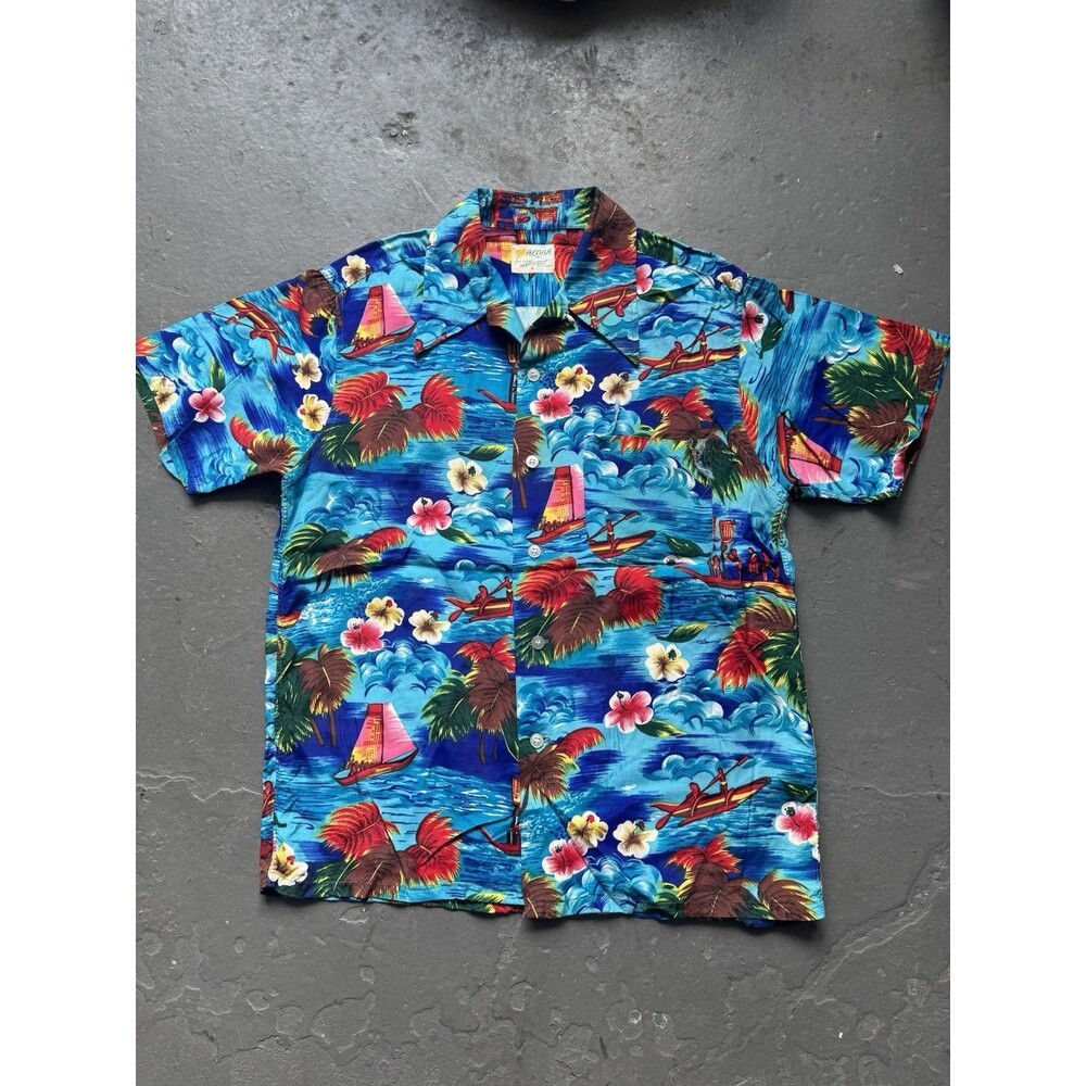 Vintage 50s Aloha National Floral Canoe Hawaiian Shirt Loop Collar Rayon